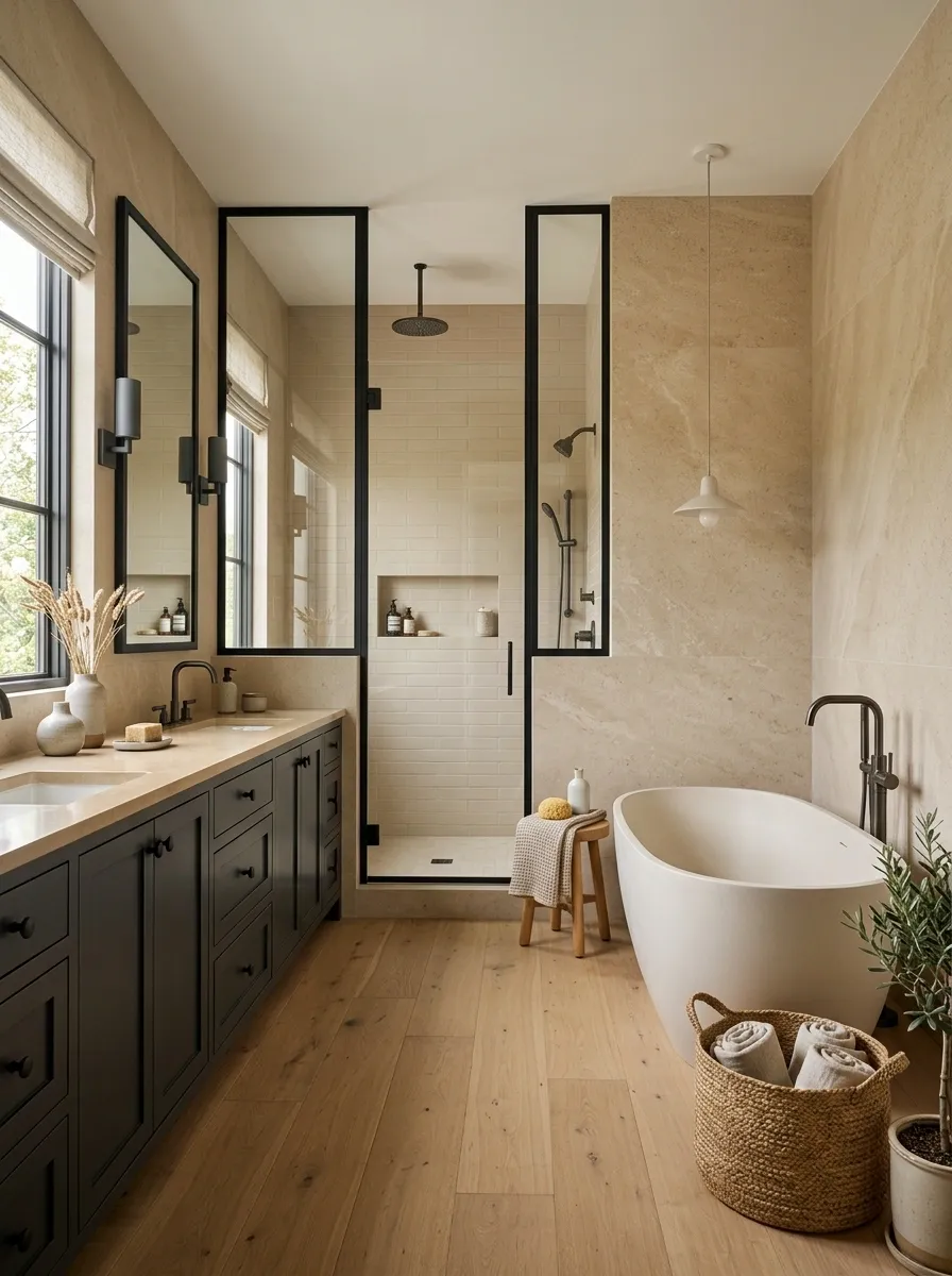 High-Contrast Beige Bathroom With Charcoal Framing