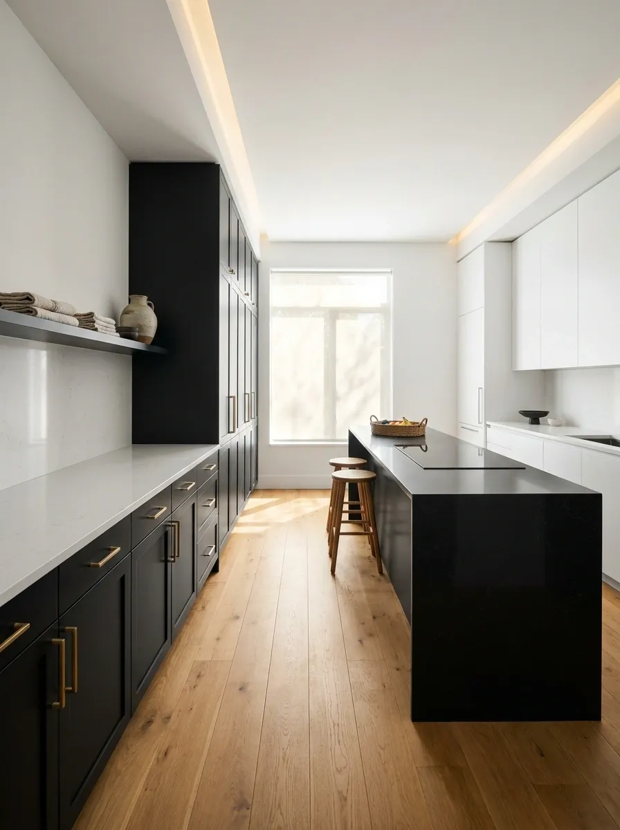High-Contrast Black-and-White Kitchen With Warm Flooring