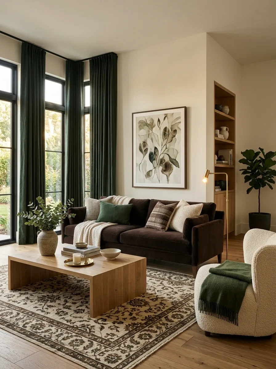 High-Contrast Cream, Brown, and Green Living Room