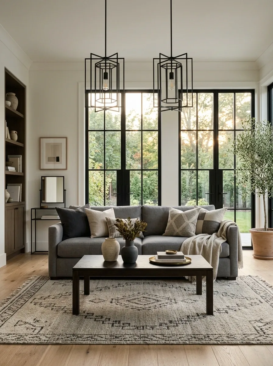 High-Contrast Grey Sofa Room With Black Architectural Details