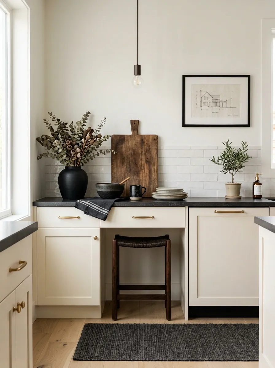 High-Contrast White Kitchen With Dark Counter Styling