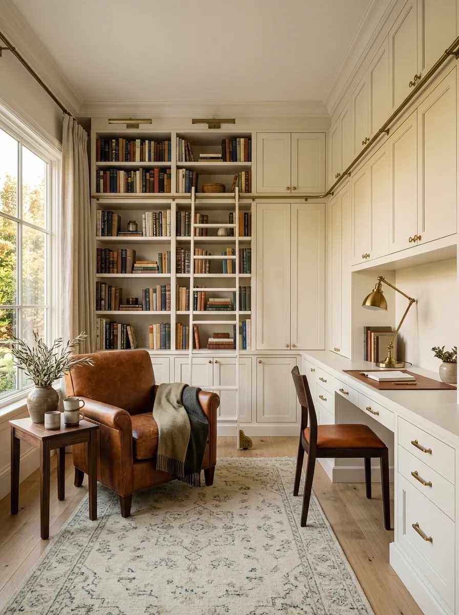 Home Library and Workroom With a Shared Long Built-In Wall