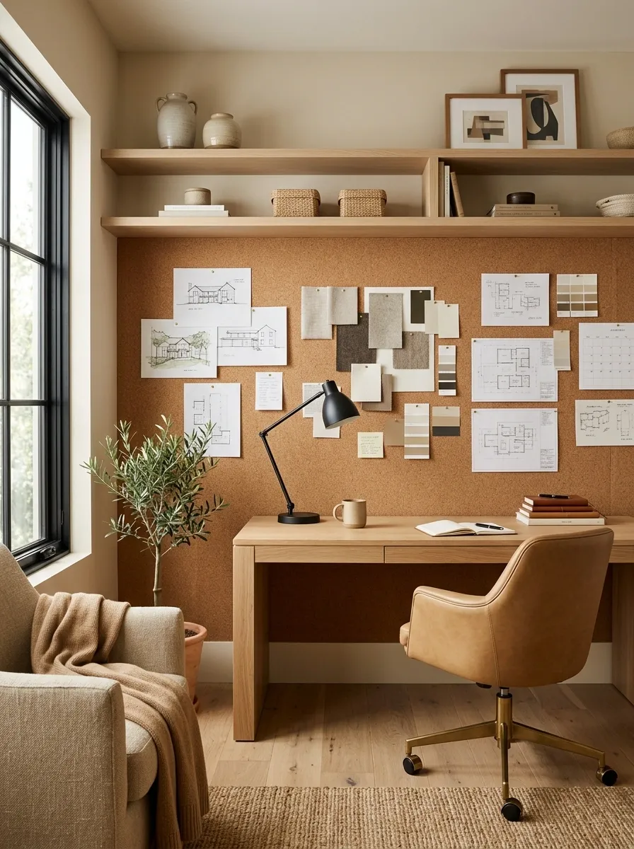 Home Office With a Large Cork-and-Wood Work Wall
