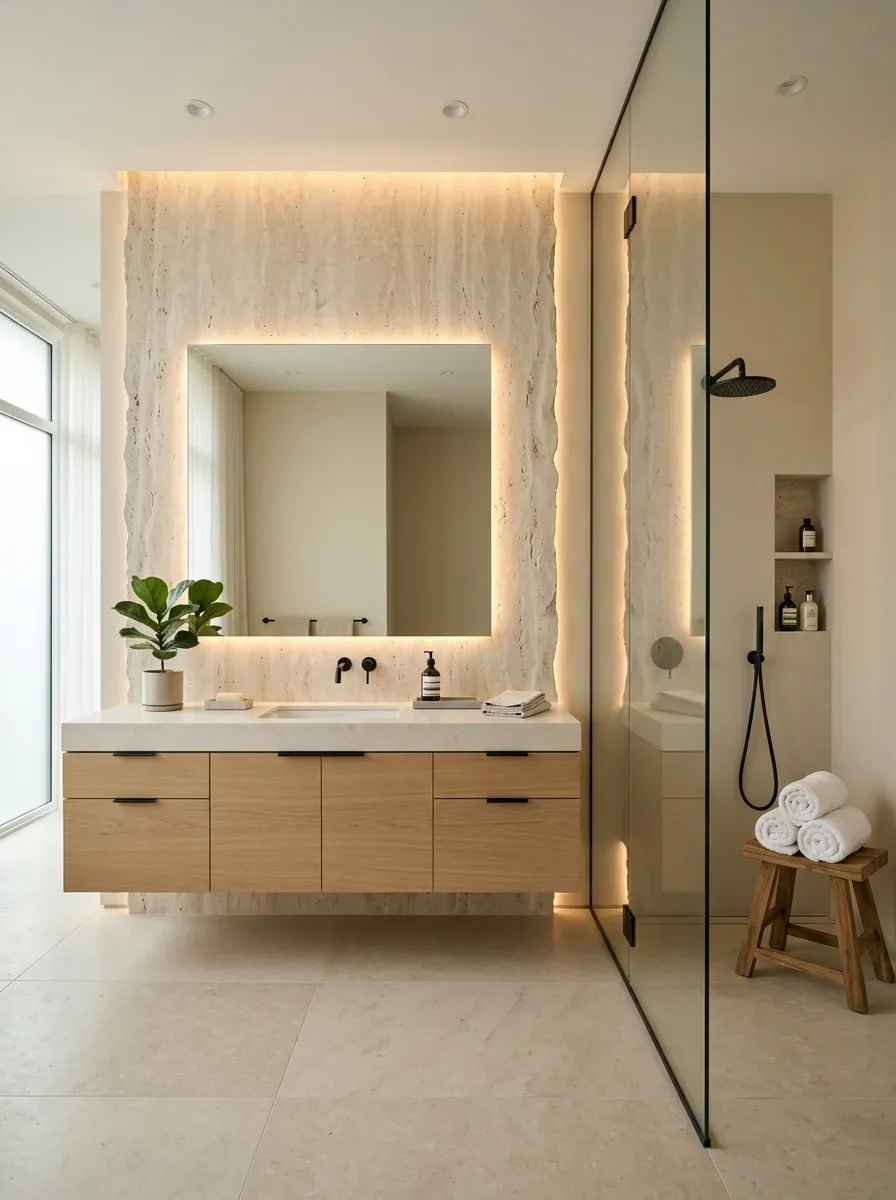 Hotel-Inspired Bathroom With Backlit Stone Vanity Wall