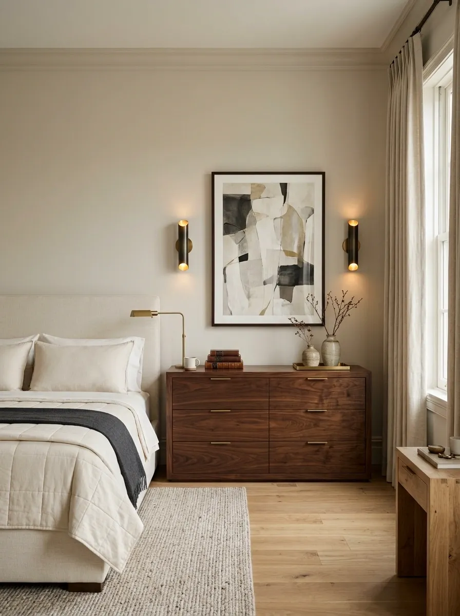Hotel-Inspired Dark Wood Dresser With Symmetrical Sconces
