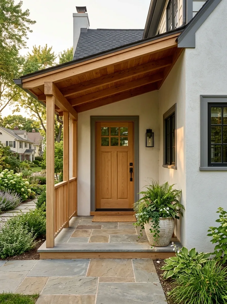 House-Attached Lean-To Porch With a Warm Timber Ceiling