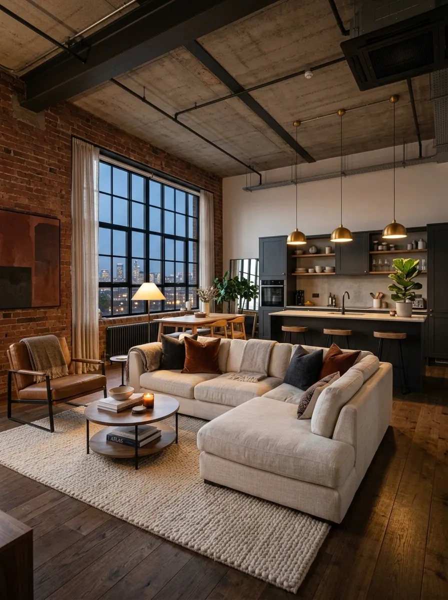 Industrial Apartment With Soft Furniture and Warm Lighting