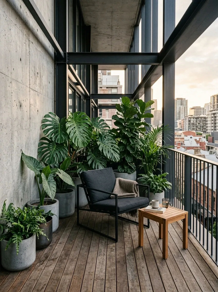 Industrial Balcony Garden With Steel, Concrete, and Oversized Foliage
