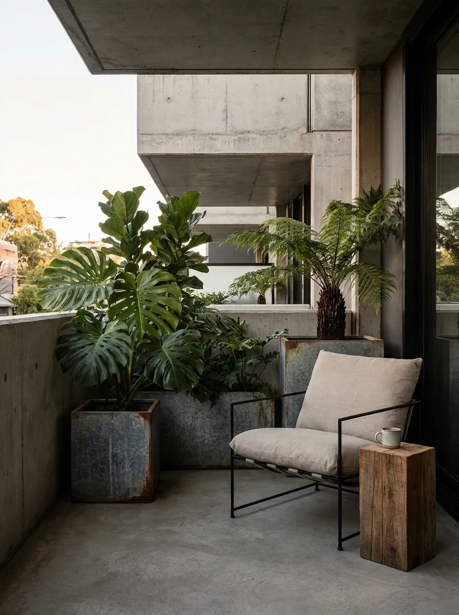 Industrial Balcony With Galvanized Planters and Oversized Greenery