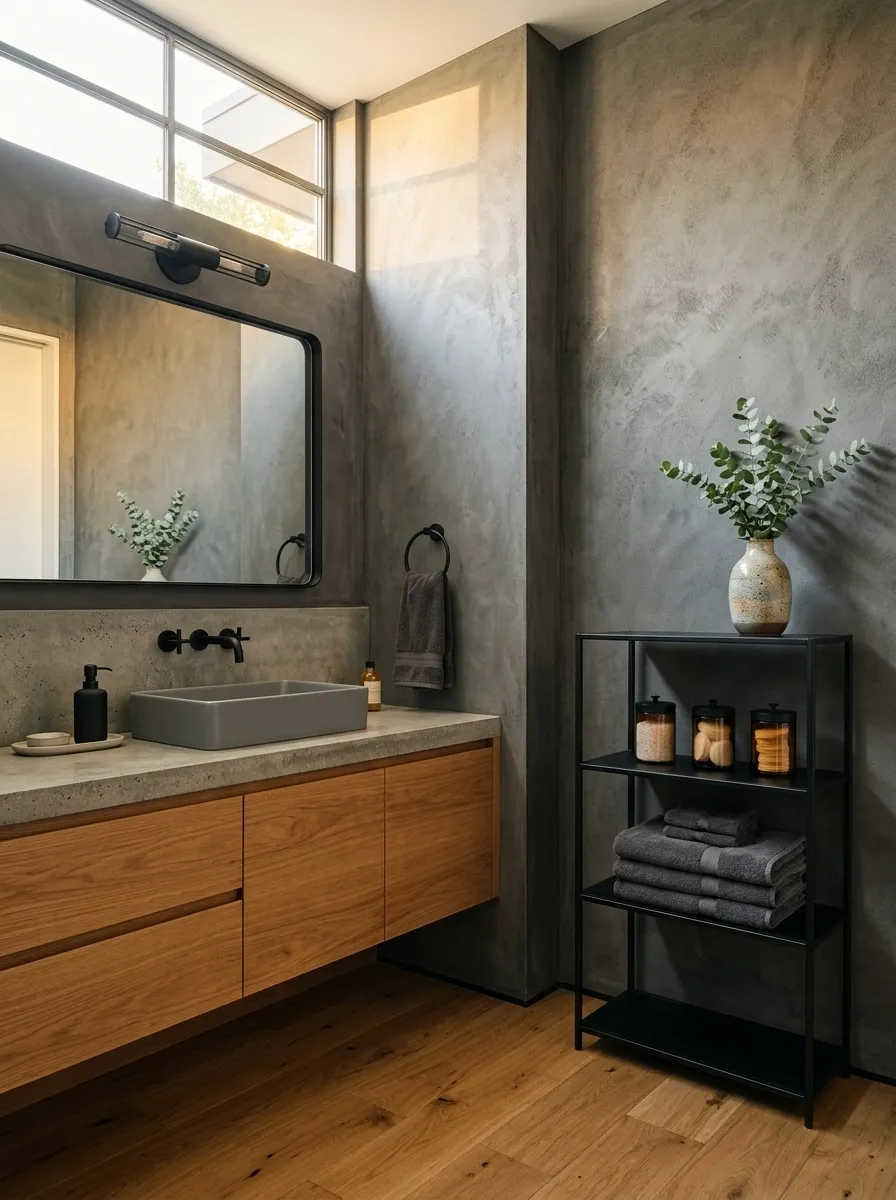 Industrial Bathroom With an Exposed Metal Utility Shelf
