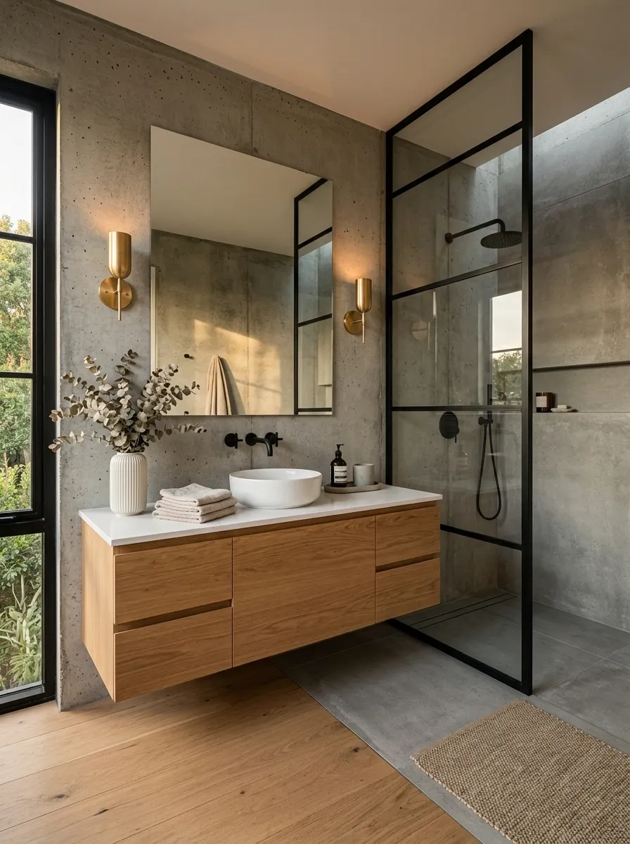 Industrial Bathroom With Concrete, Oak, and Black Steel