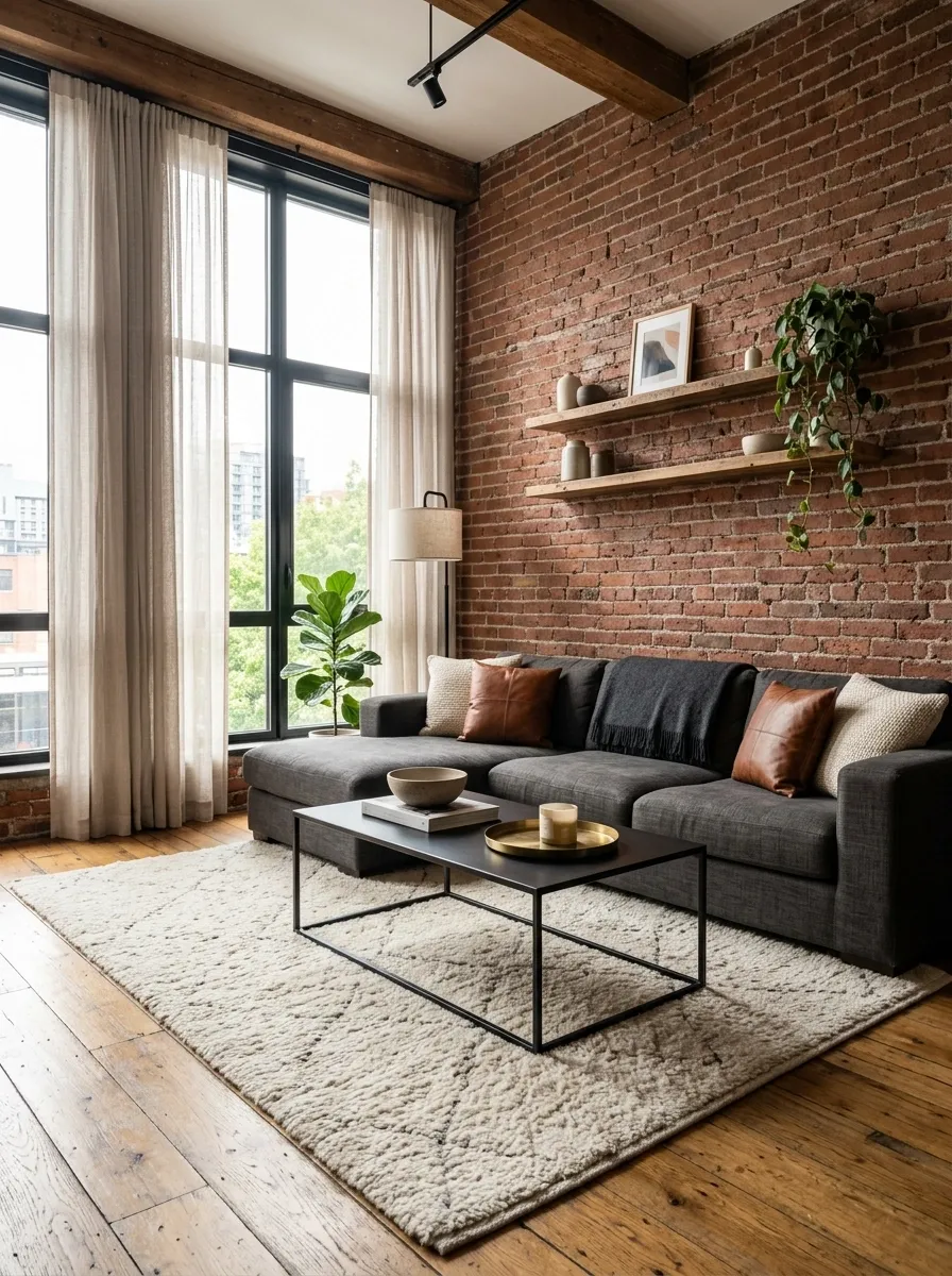 Industrial Corner Sofa With Exposed Brick and Soft Textiles