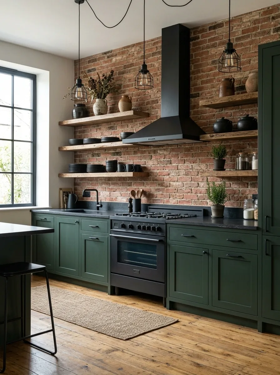 Industrial Green Kitchen With Brick and Reclaimed Wood