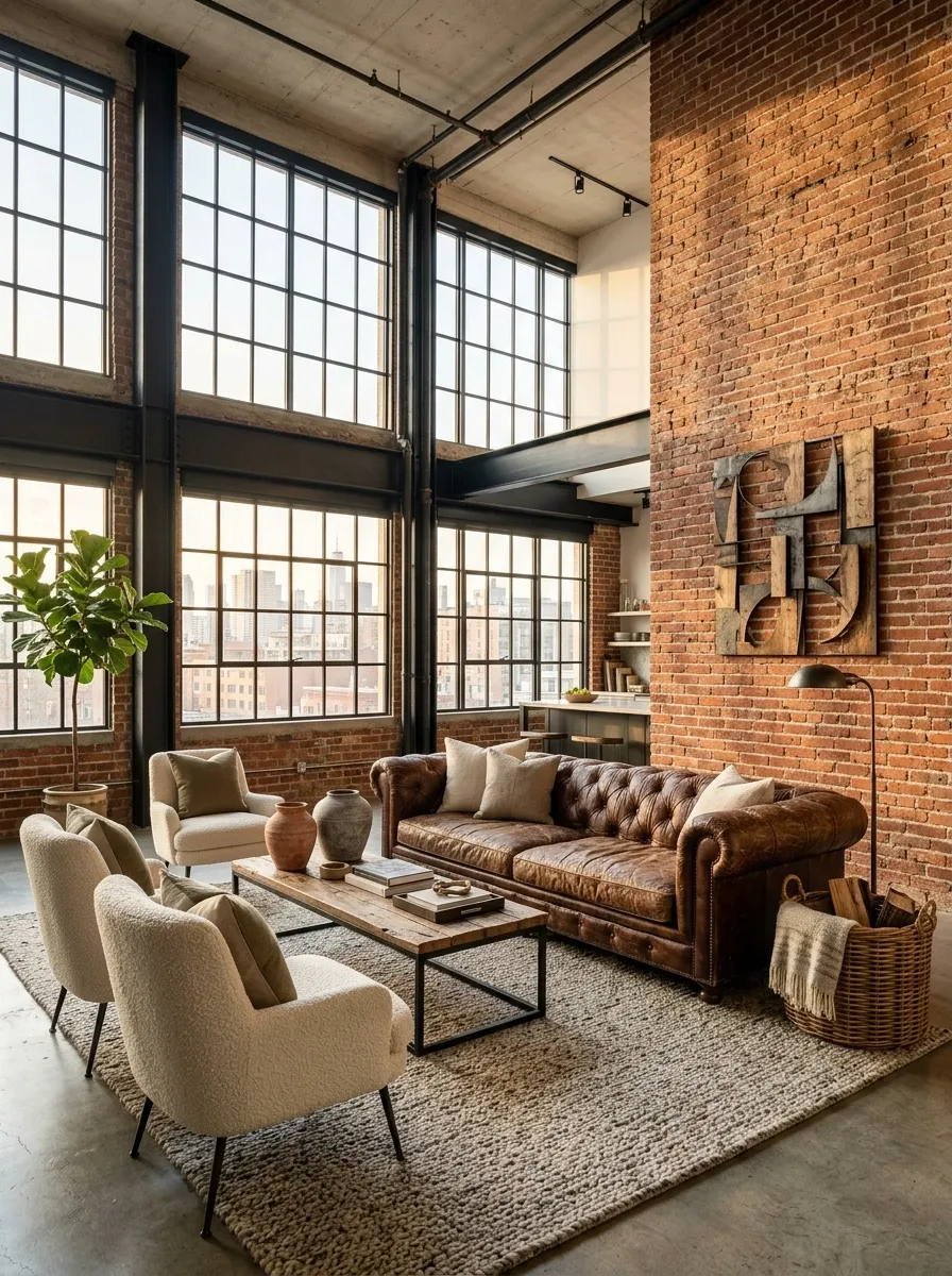 Industrial Loft Living Room With a Distressed Brown Leather Sofa