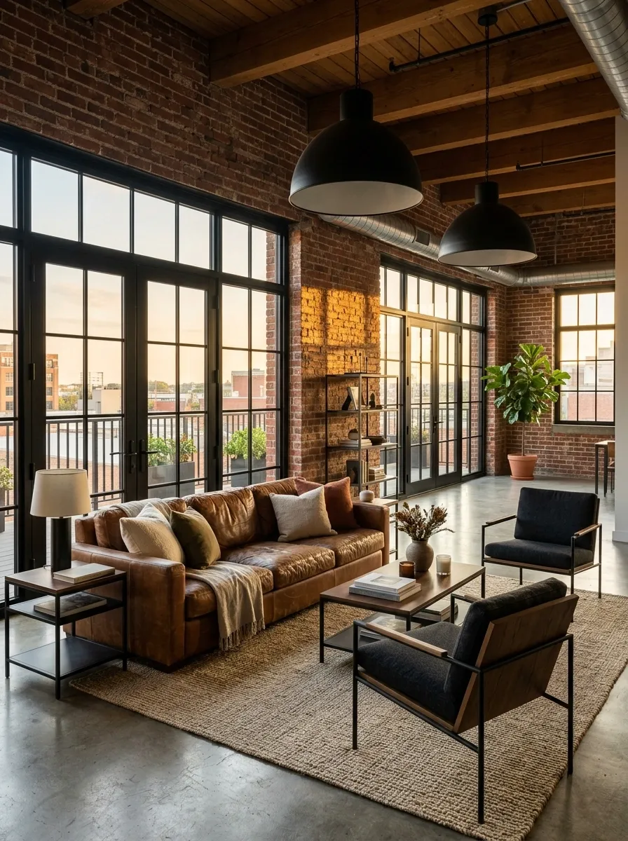 Industrial Loft Living Room With Repeated Steel Door Frames