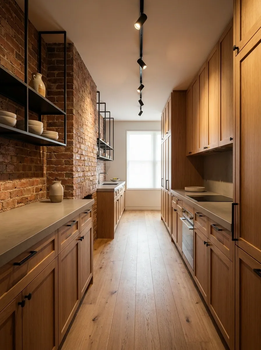 Industrial Narrow Kitchen With Brick and Black Steel