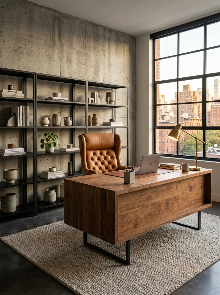Industrial Office With Concrete Finish and Warm Wood