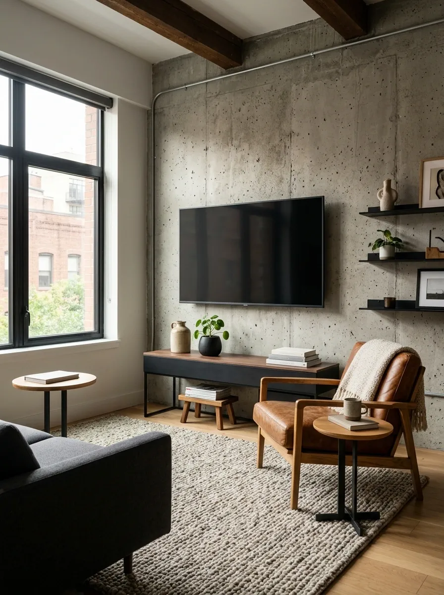 Industrial Small Living Room With Concrete Texture and Leather Seating