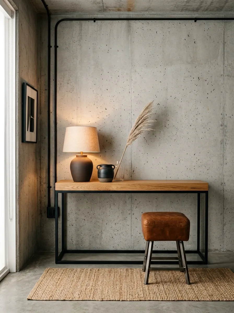 Industrial Steel Console With Concrete Walls and Warm Wood Accents