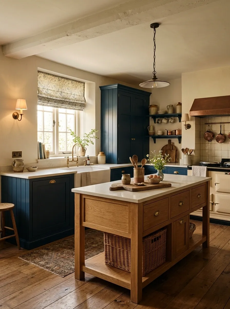 Ink Blue Kitchen With Oak Island and Floral Window Fabric