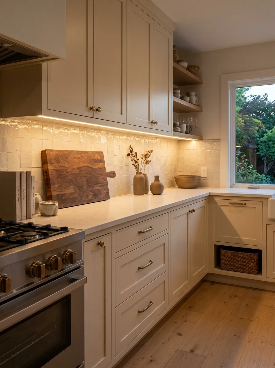 Install warm under-cabinet lighting for evening depth