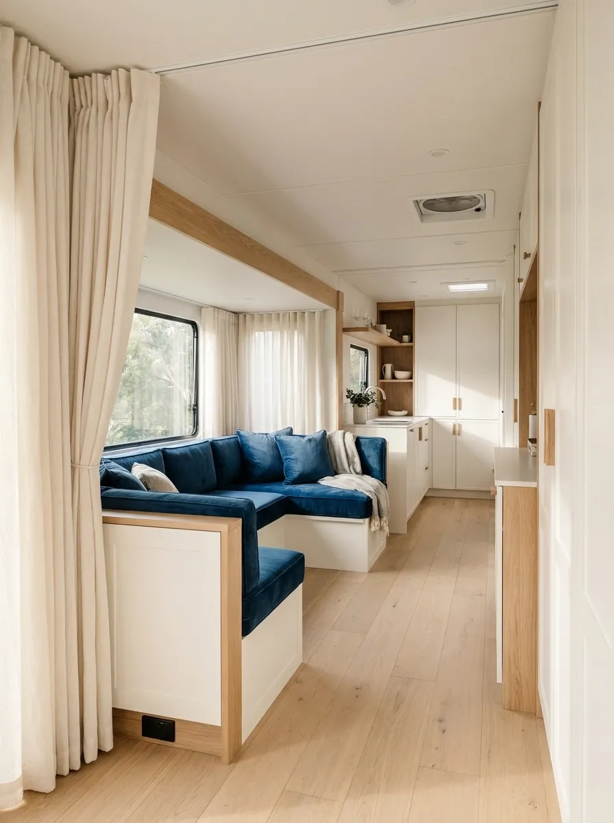 Ivory Curtains With Deep Blue RV Seating