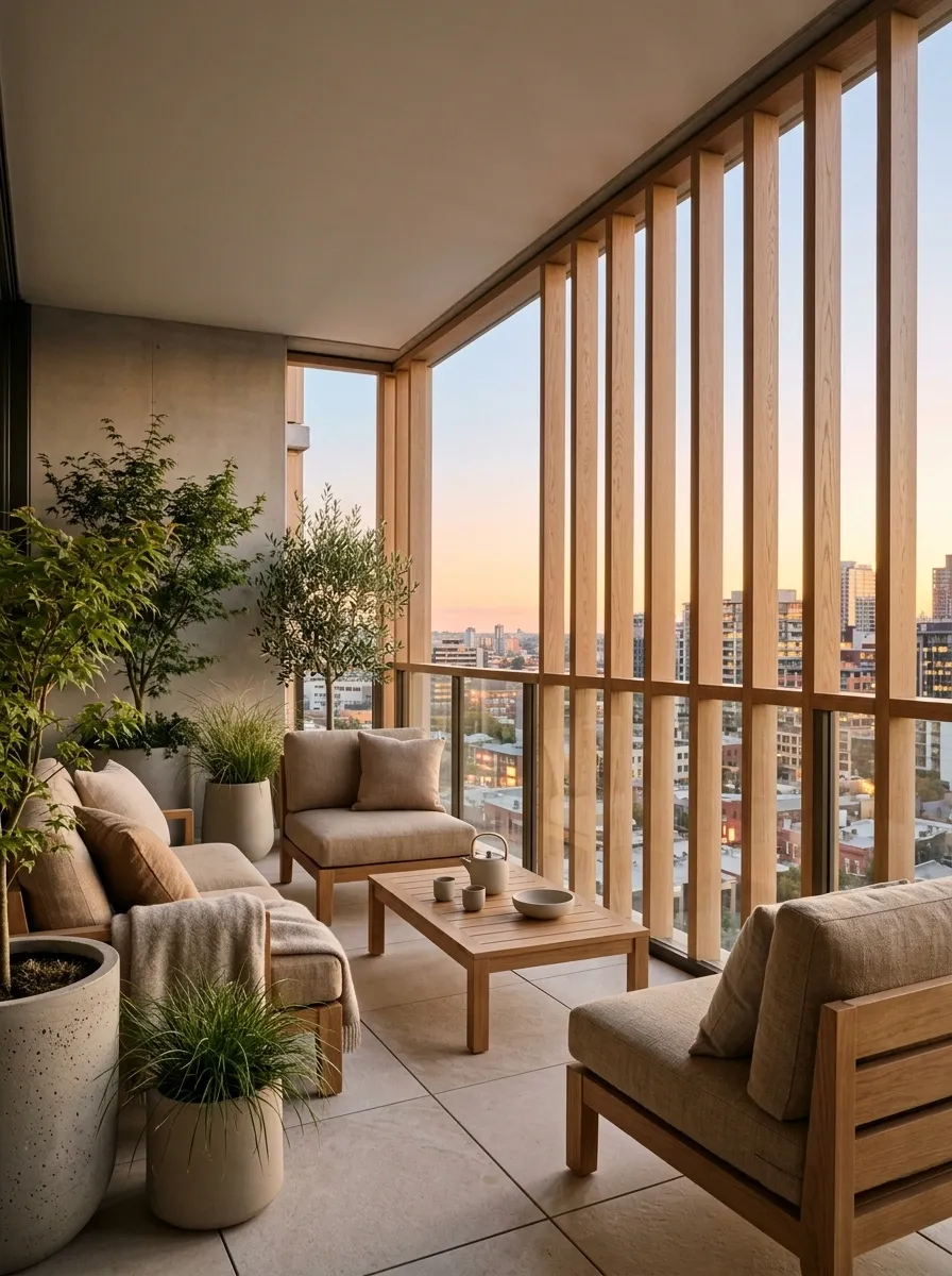 Japandi Balcony With Timber Fins and Low Seating