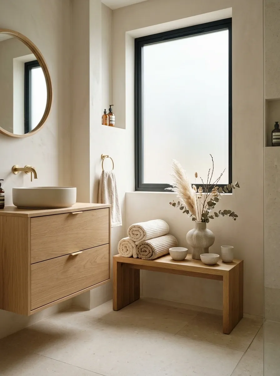 Japandi Bathroom With a Slim Oak Bench