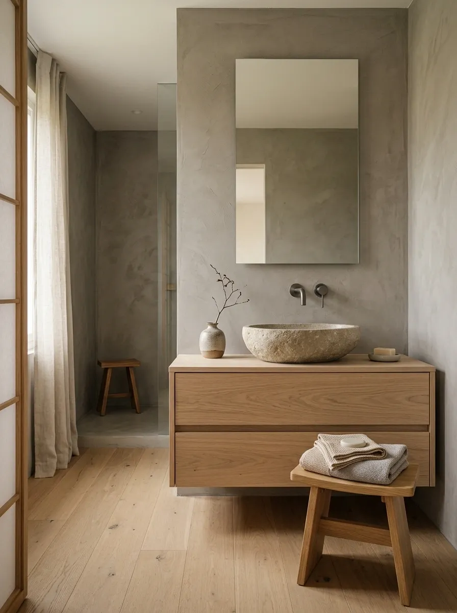 Japandi Bathroom With Concrete, Oak, and Soft Stone