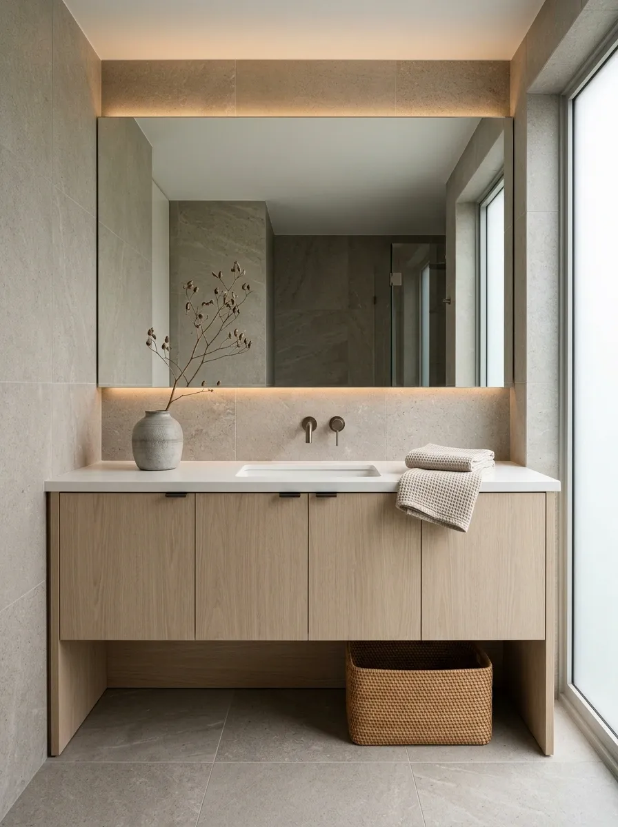 Japandi Bathroom With Warm Grey Tile and Beige Oak