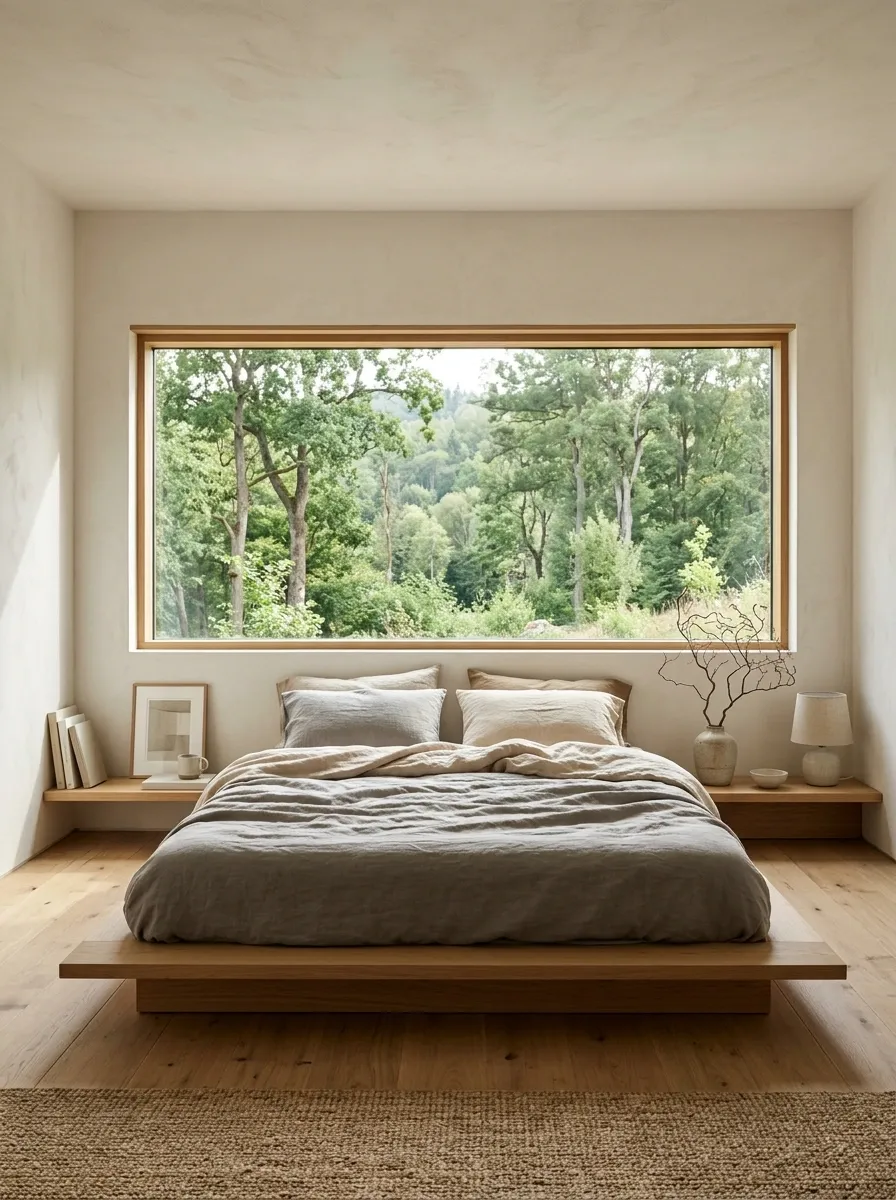 Japandi Bedroom With a Low Bed Beneath a Wide Horizontal Window