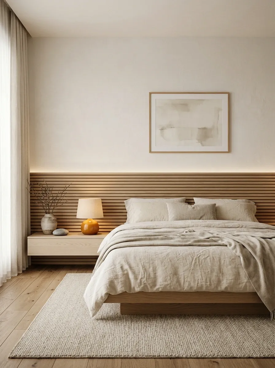 Japandi Bedroom With a Wide Low Timber Panel