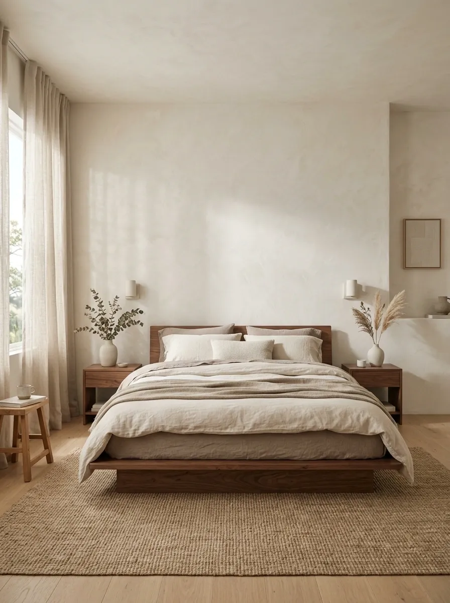 Japandi Bedroom With Low Furniture and Textured Plaster Walls