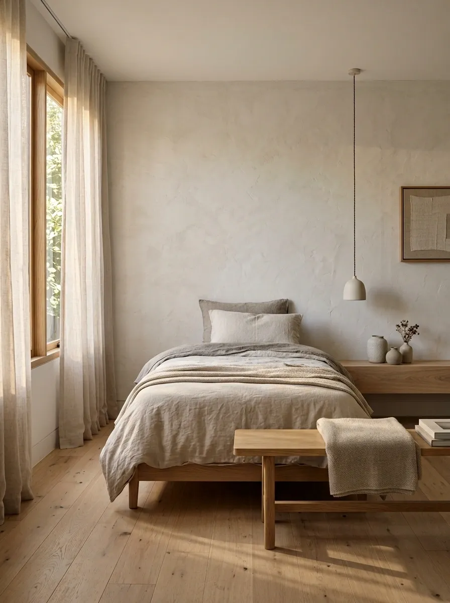 Japandi Bedroom With Pale Wood and Textured Walls