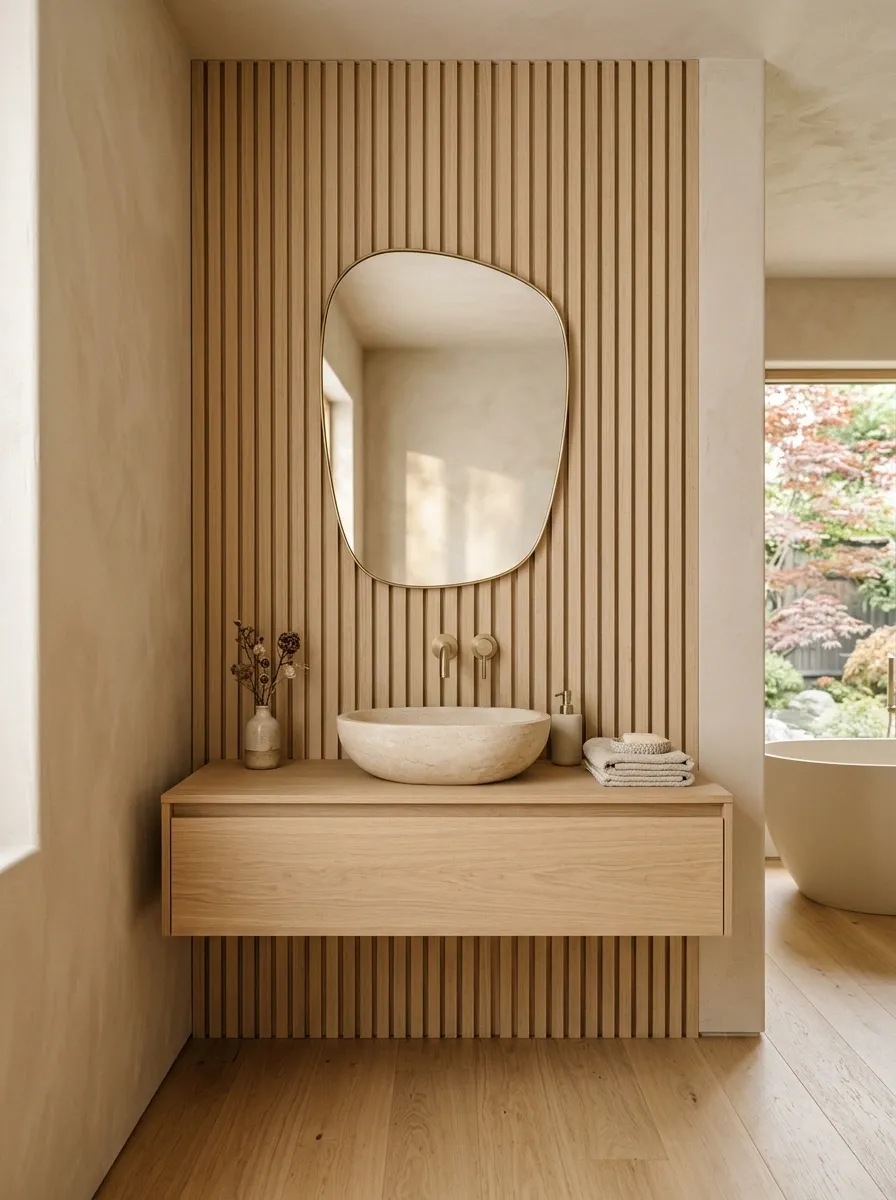 Japandi Beige Bathroom With Oak Slats and Textured Plaster