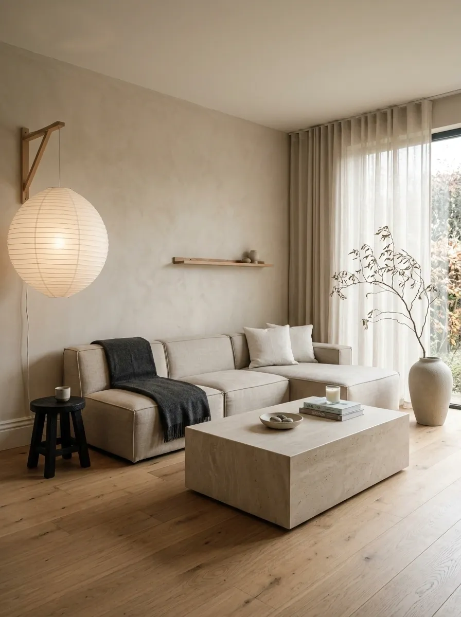 Japandi Corner Sofa Around a Limestone Table