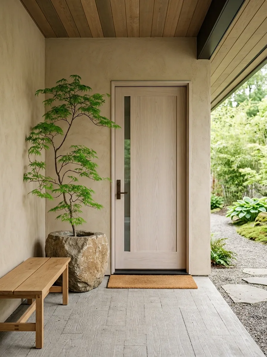 Japandi Entry With Stone Planter and Low Bench