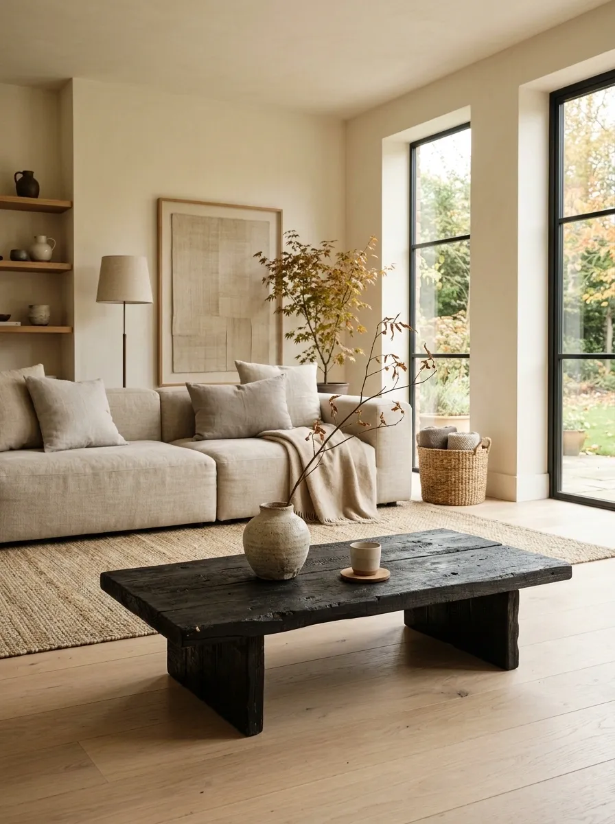 Japandi Fall Table With Charred Wood and Linen