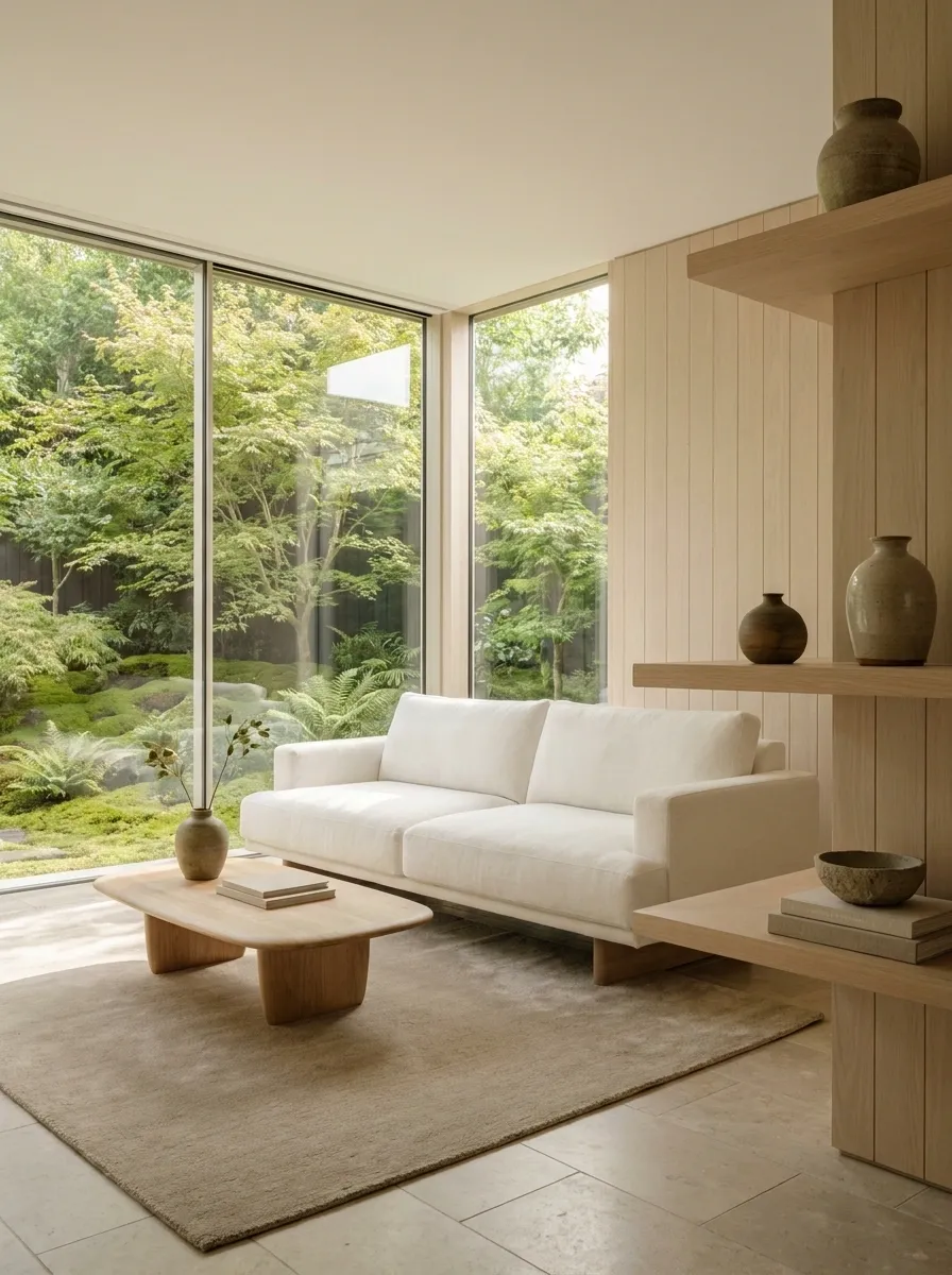 Japandi Garden Room With Low Furniture and Natural Stone
