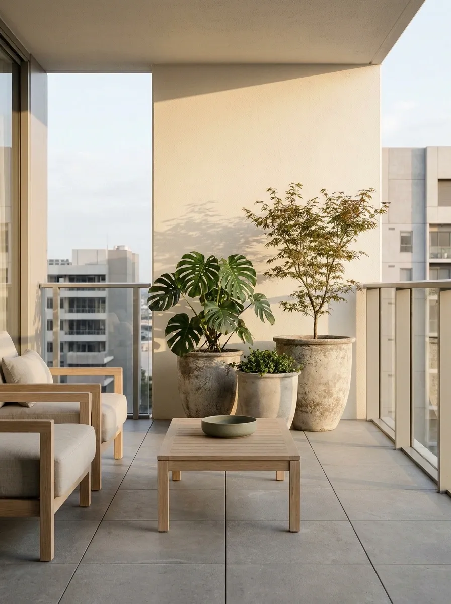 Japandi-Inspired Balcony With Stone Planters and Sculptural Foliage