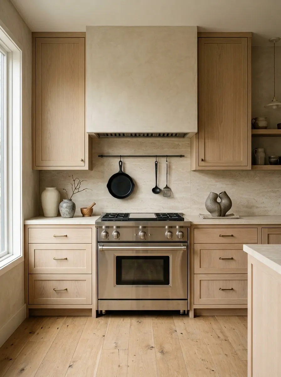Japandi Kitchen With Low-Contrast Stone and Oak