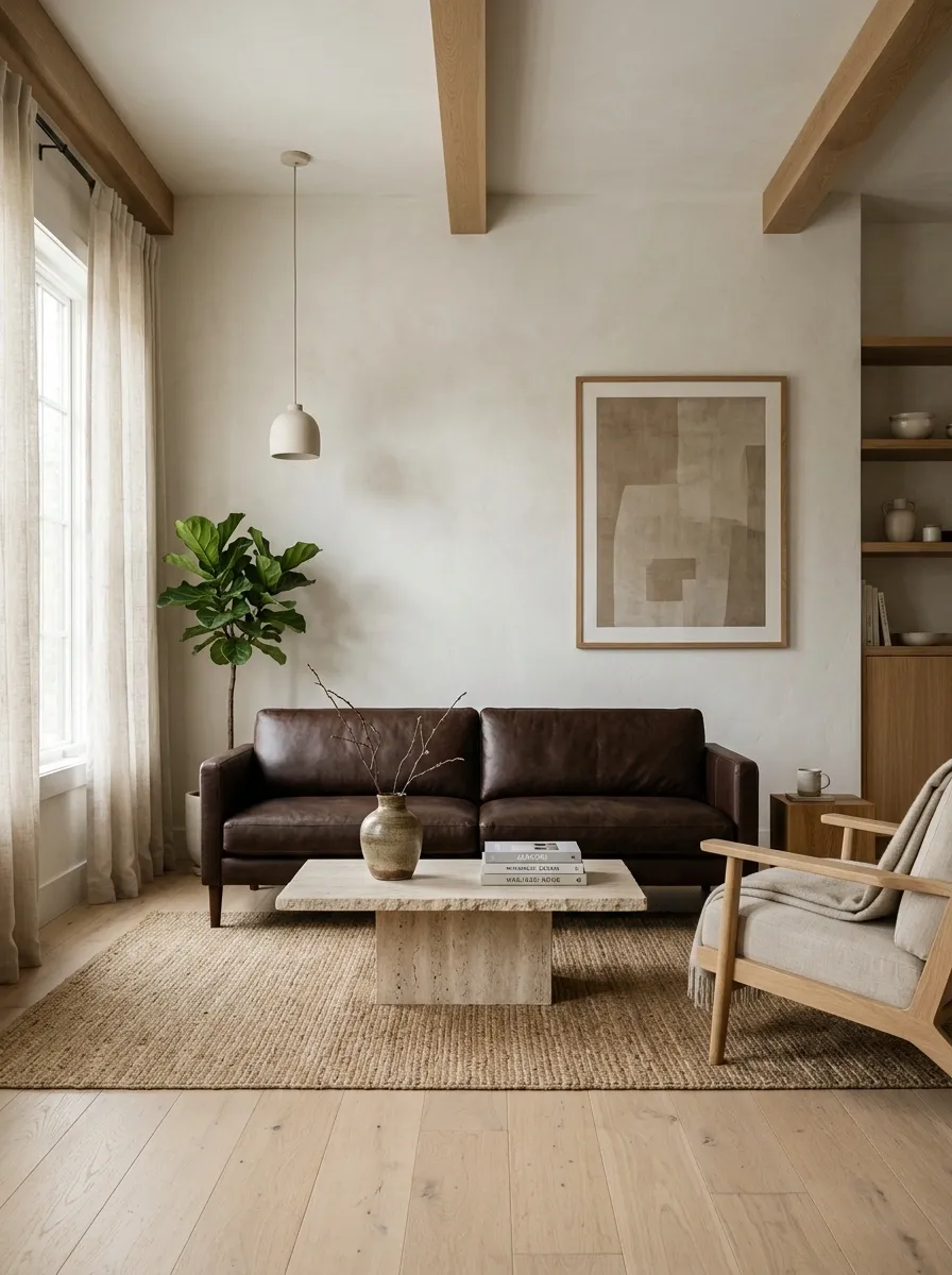 Japandi Living Room With a Low Brown Sofa