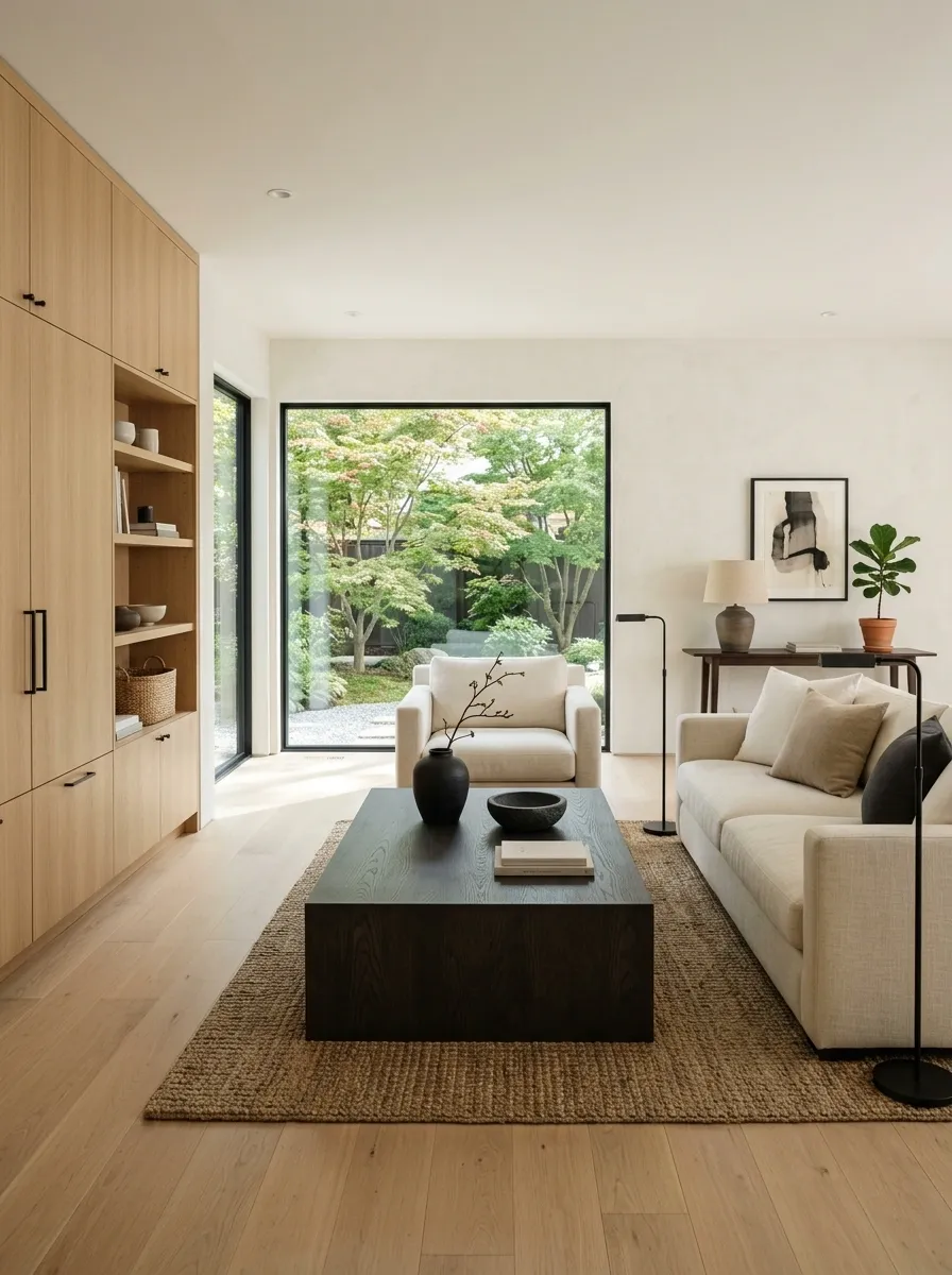 Japandi Living Room With Blonde Oak and Smoked Oak