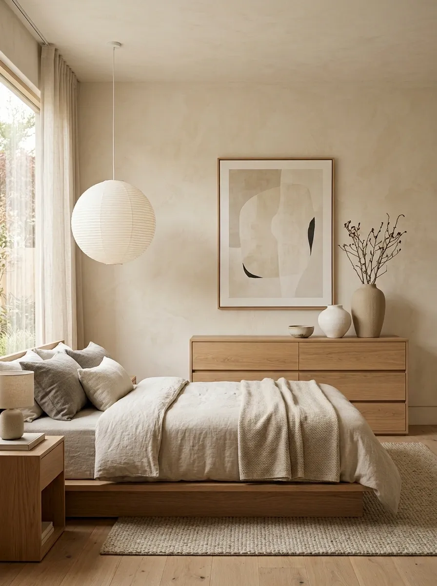 Japandi Low Dresser With Oversized Art and Warm Plaster