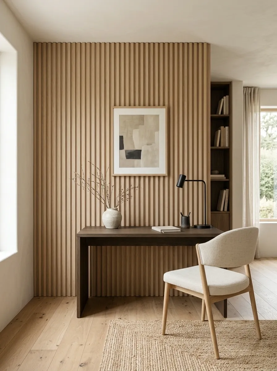 Japandi Office With Slatted Wood and Quiet Artwork