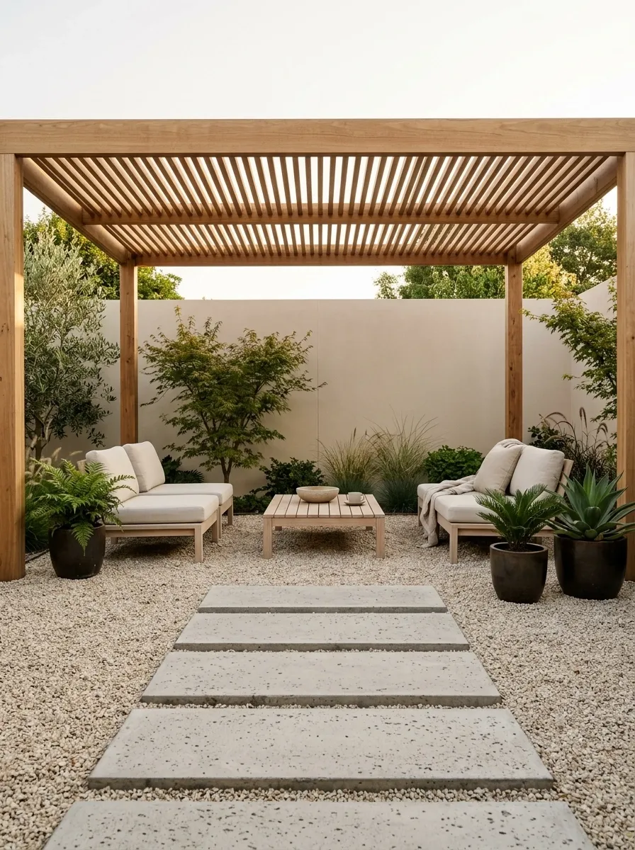 Japandi Pergola With Timber Roof and Low Furniture