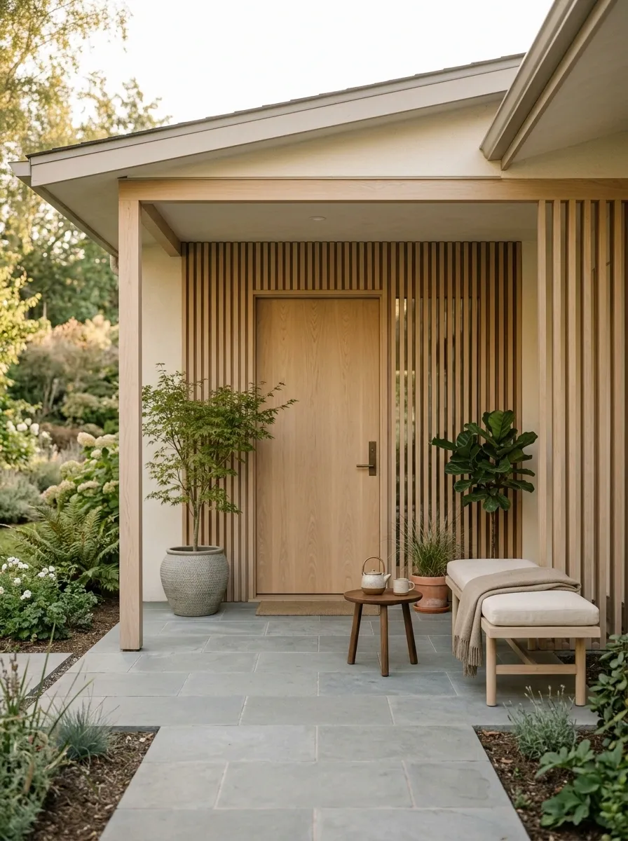 Japandi Porch With Timber Slats and a Low Pitched Roof