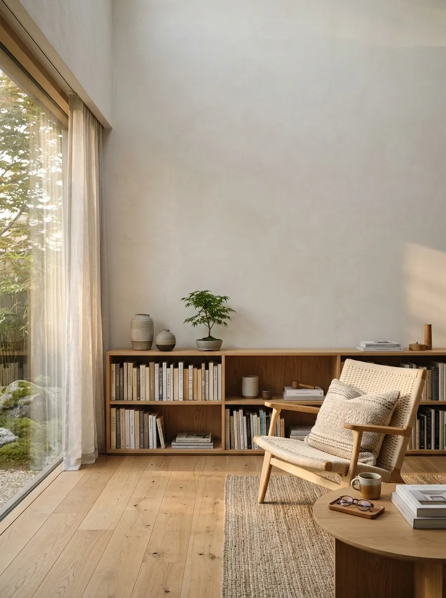 Japandi Reading Library With Low Shelving and Floor-Level Seating