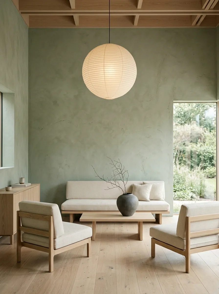 Japandi Sage Living Room With Pale Wood and Textured Plaster