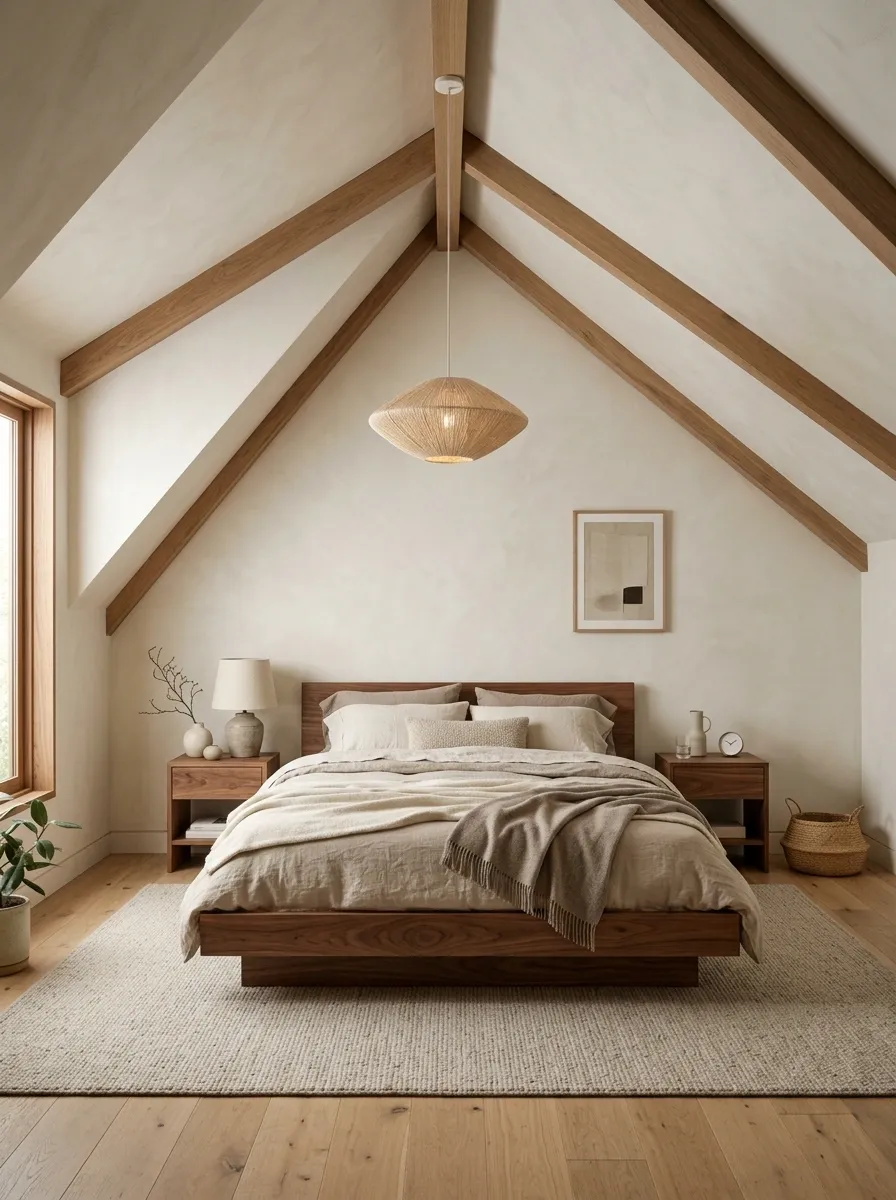 Japandi Sloped-Ceiling Bedroom With Low Walnut Furniture